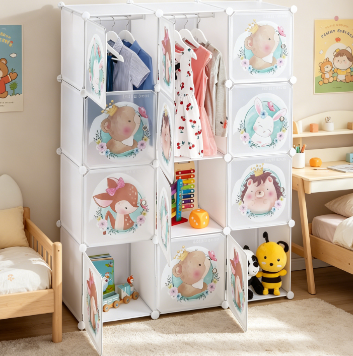 Children's Wardrobe with 2 Clothes Rails and Animal Doors, White, 145x110x37 cm